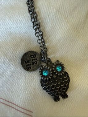 Claire's Antique Silver Owl Necklace with Teal Crystal Eyes
